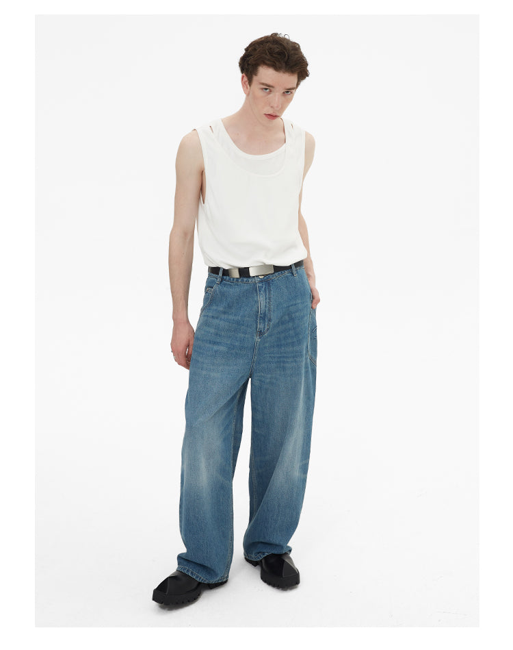 Wide leg irregular pocket washed denim pants