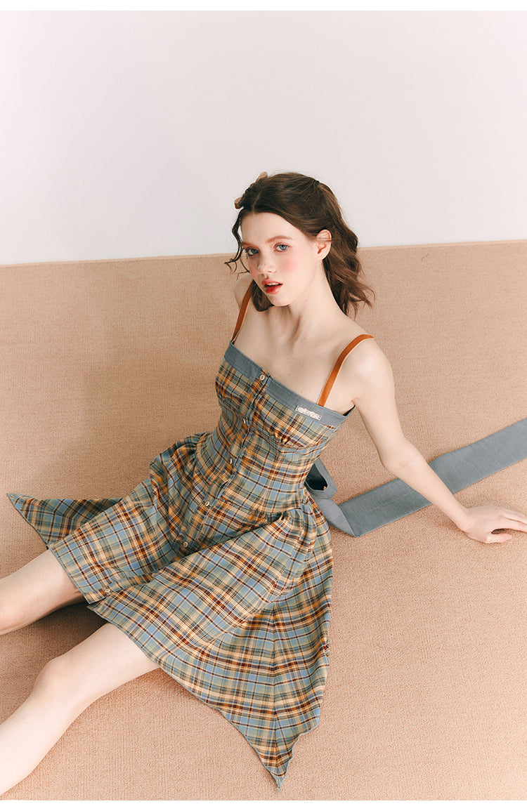 Back Ribbon Plaid Short Suspender One-piece