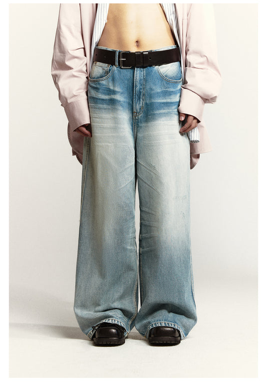 Wide-leg flared washed retro denim pants