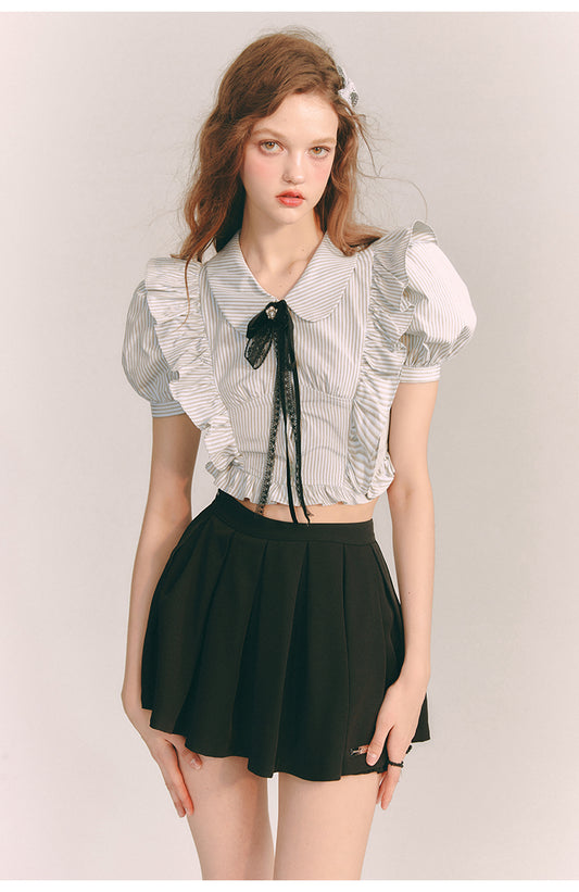 Lace front ribbon slim short length shirt