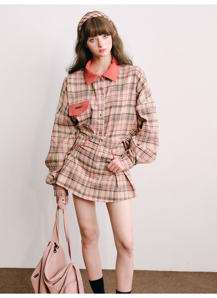 Loose Fit Plaid Shirt Jacket &amp; Pleated Skirt Set-Up