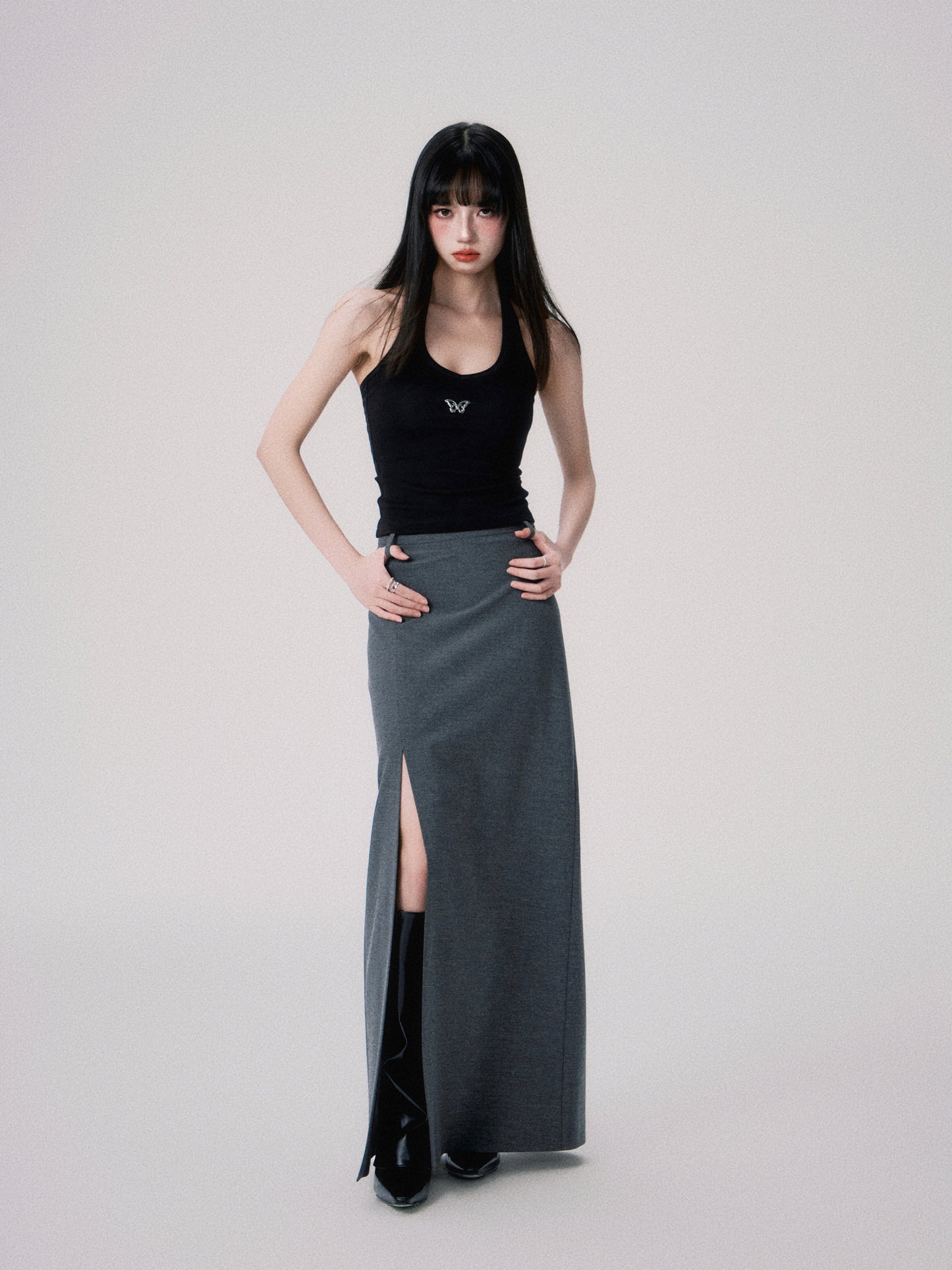 Slim straight mid-waist slit long skirt