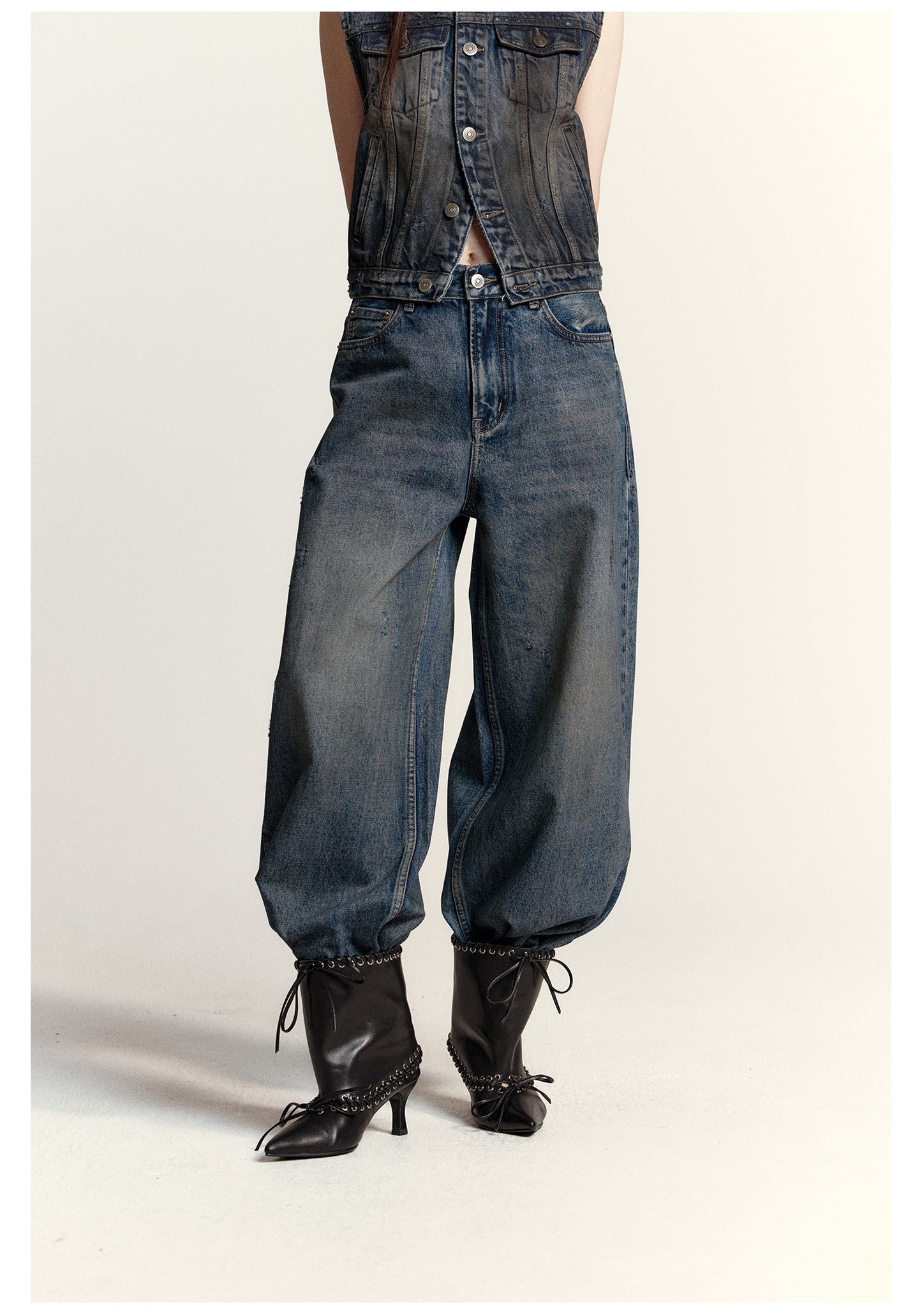 Wide straight washed retro denim pants