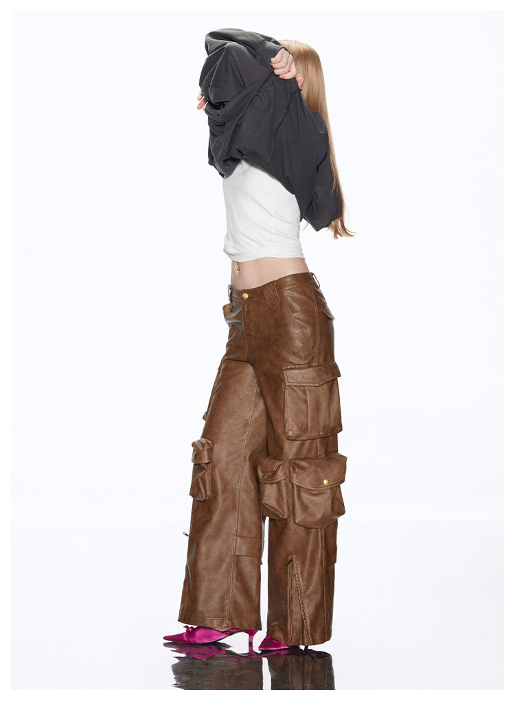 American Retro Multi Pocket Leather Pants