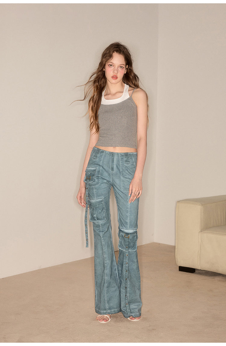 Flare Wash Overall Wide Leg Pants