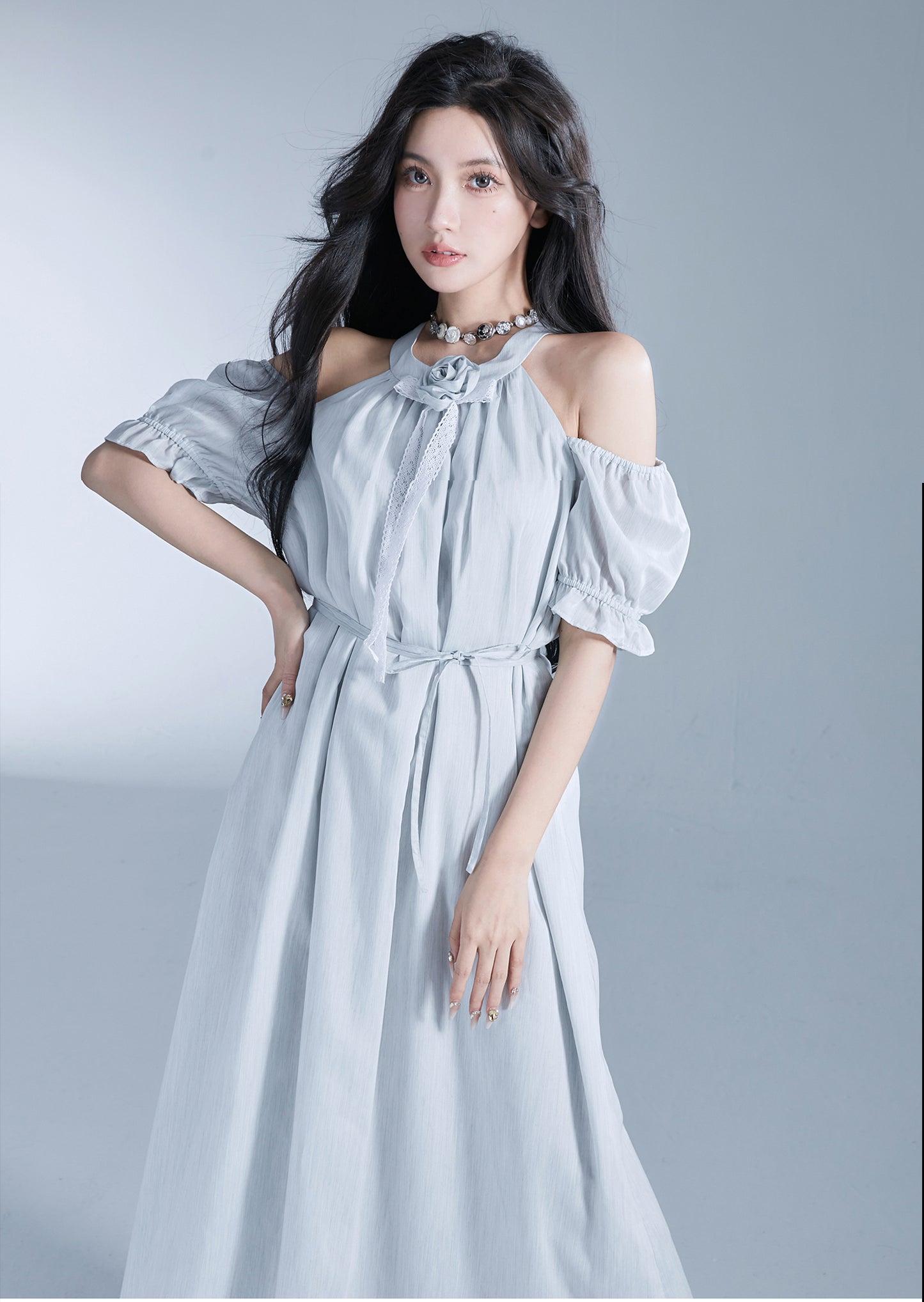 Neck Rose Sleeveless Long Length Dress