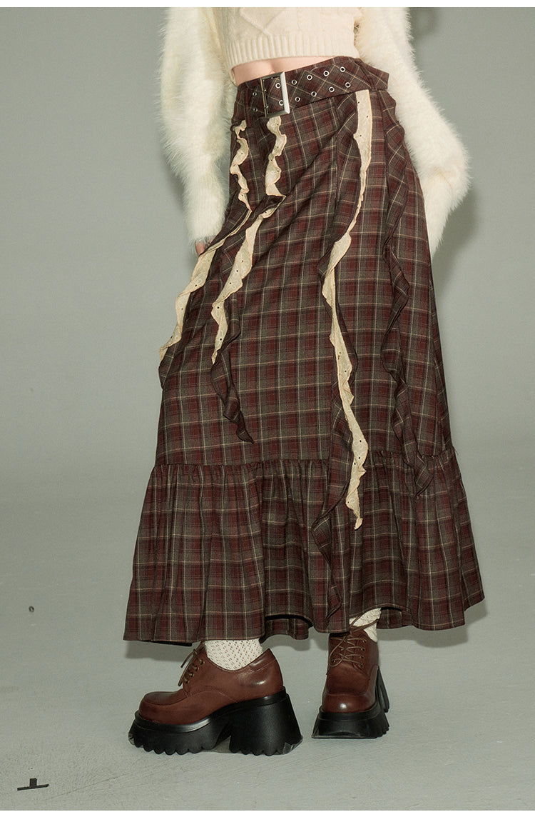 Irregular Design Plaid Long Length Skirt