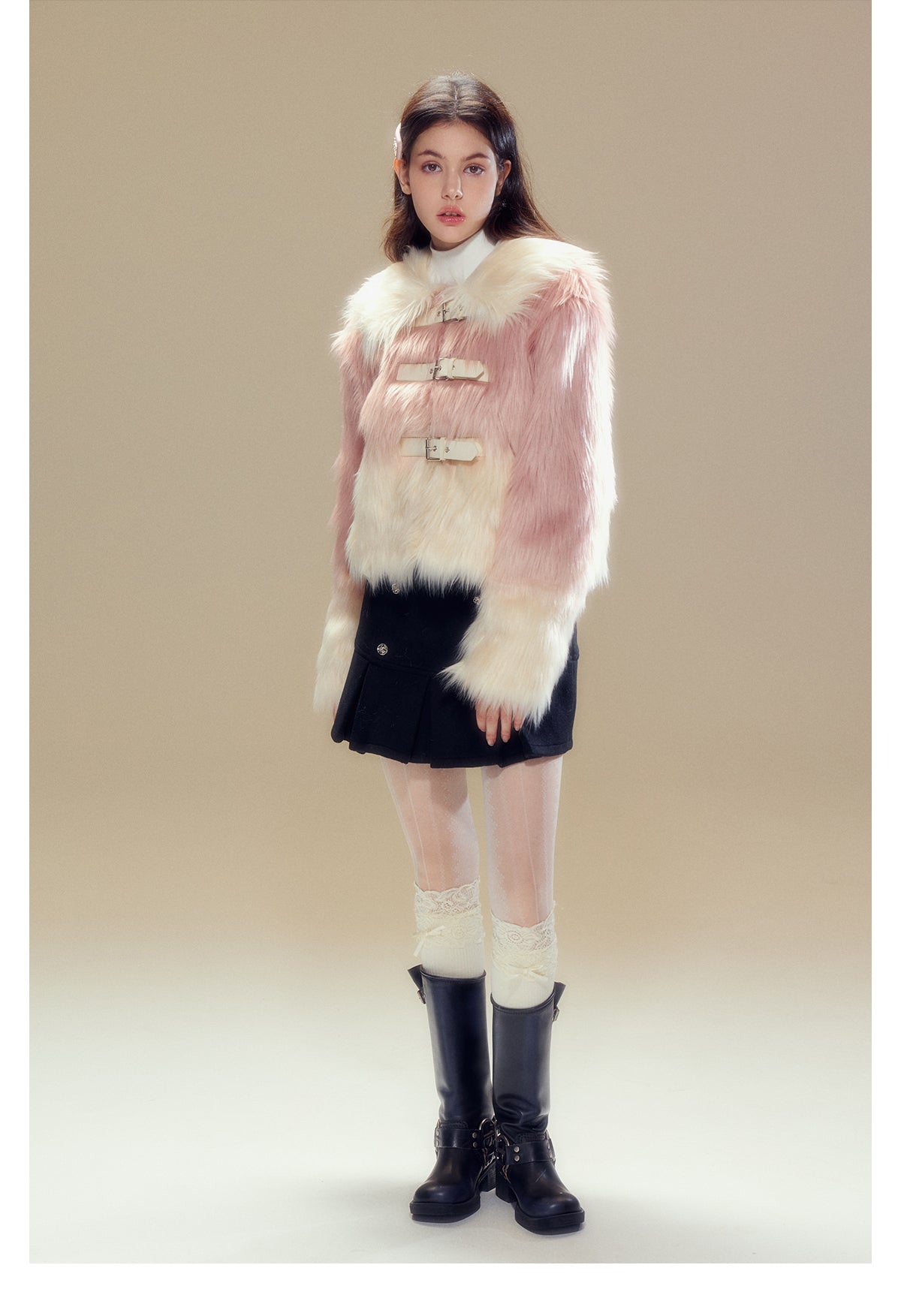 Short Length Gradient Leather Buckle Fur Jacket