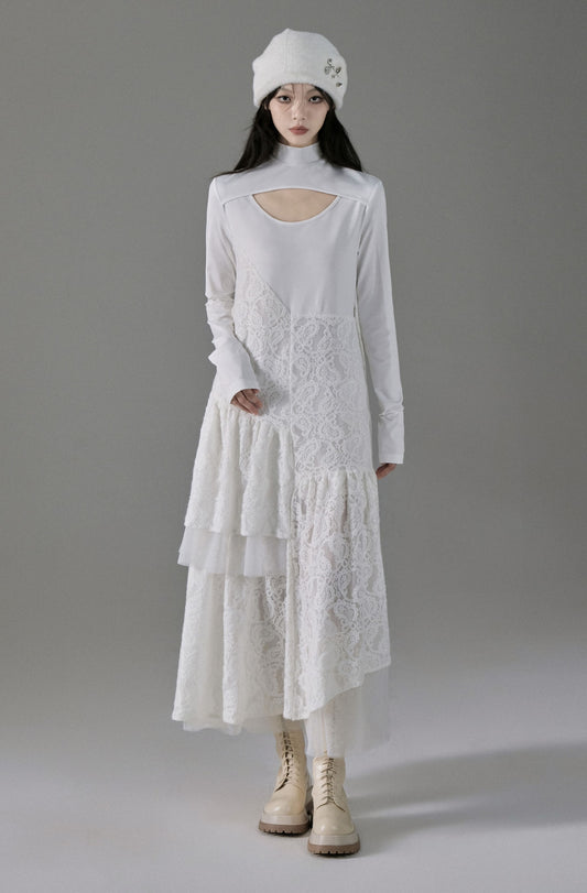 Gentle Style Asymmetric Stitch Hollow Jacquard Long Sleeve Dress