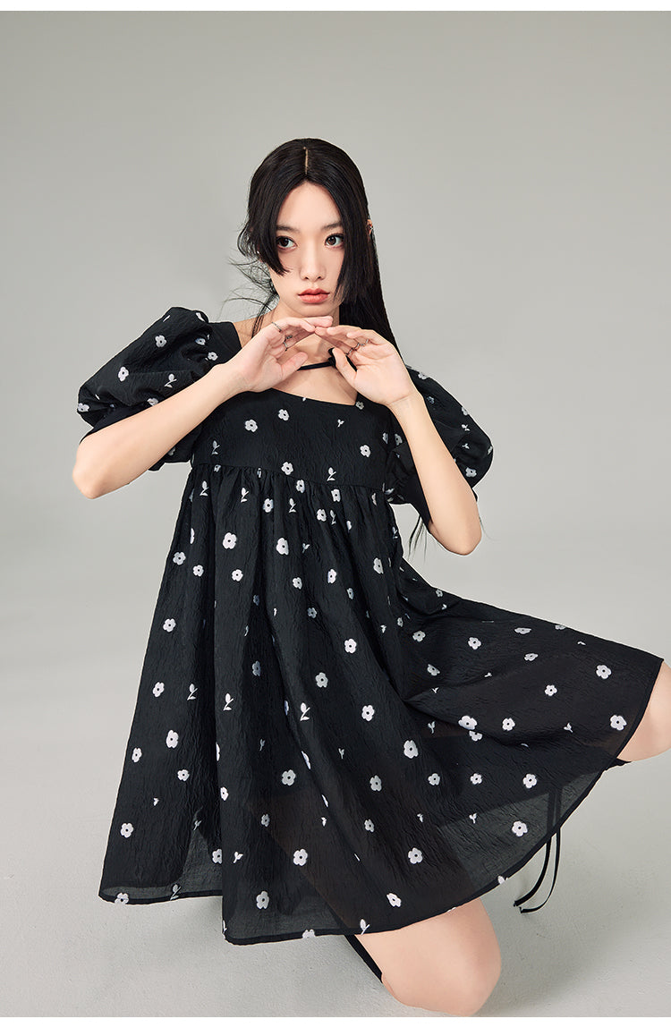 Square Neck Puff Sleeve Floral Pattern One-piece