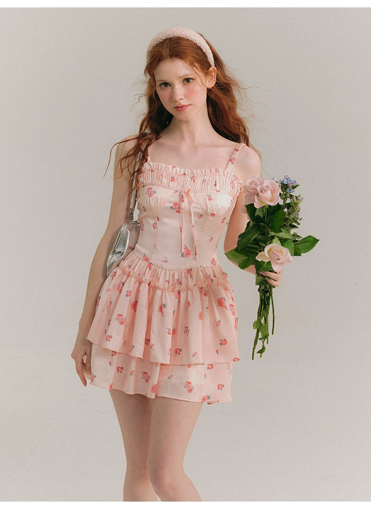 Square Neck Short Length Floral Pattern Dress