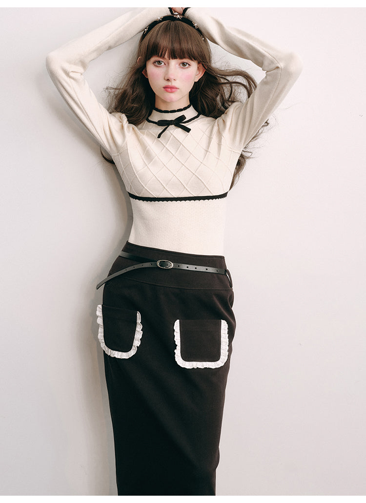 Retro back slit high waist long skirt