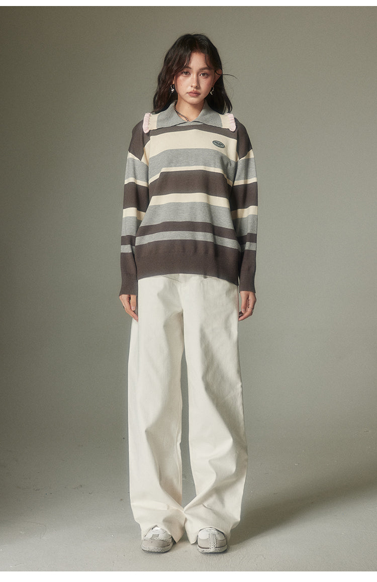 Retro contrast stripe polo sweatshirt