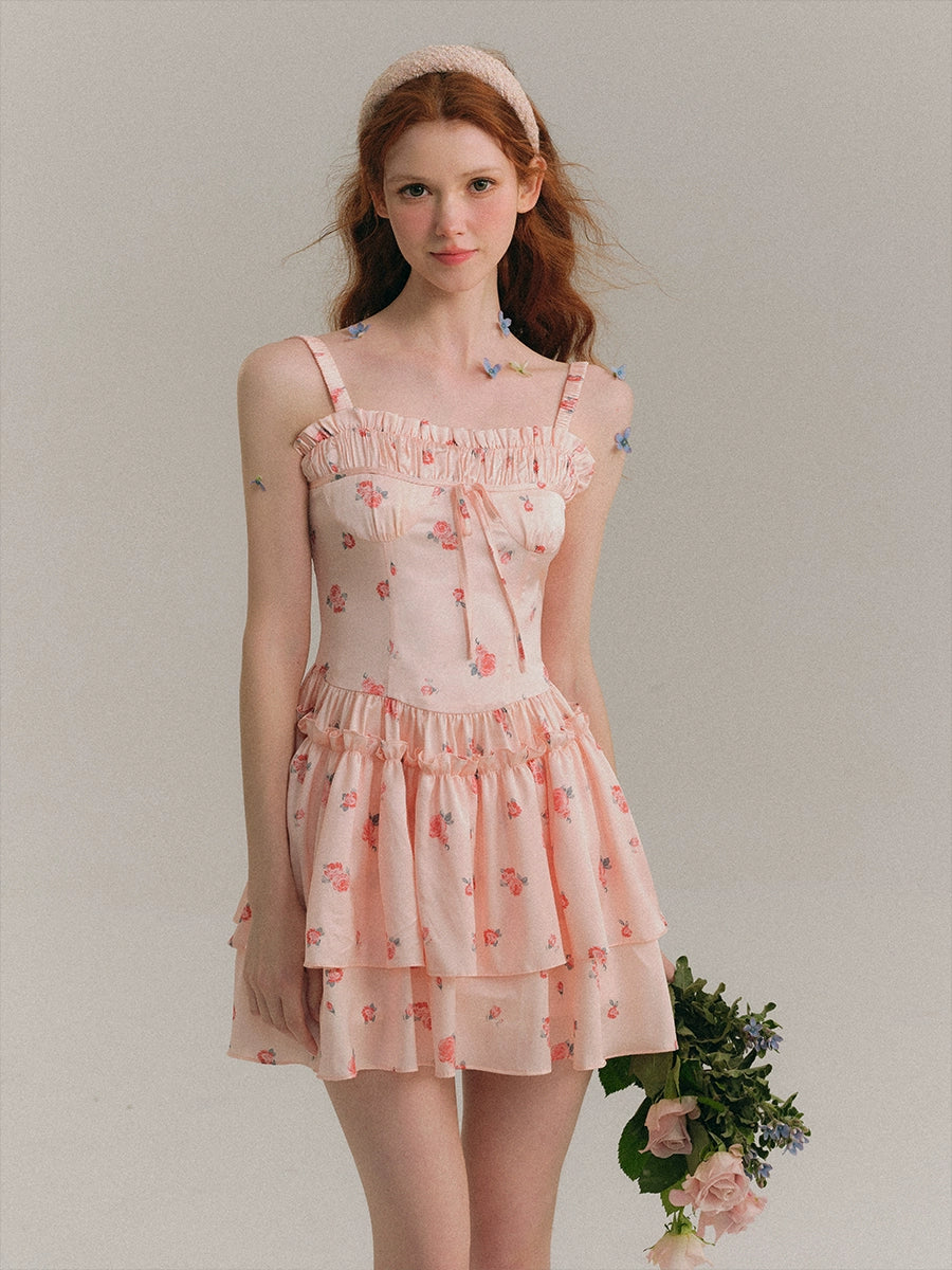 Square Neck Short Length Floral Pattern Dress