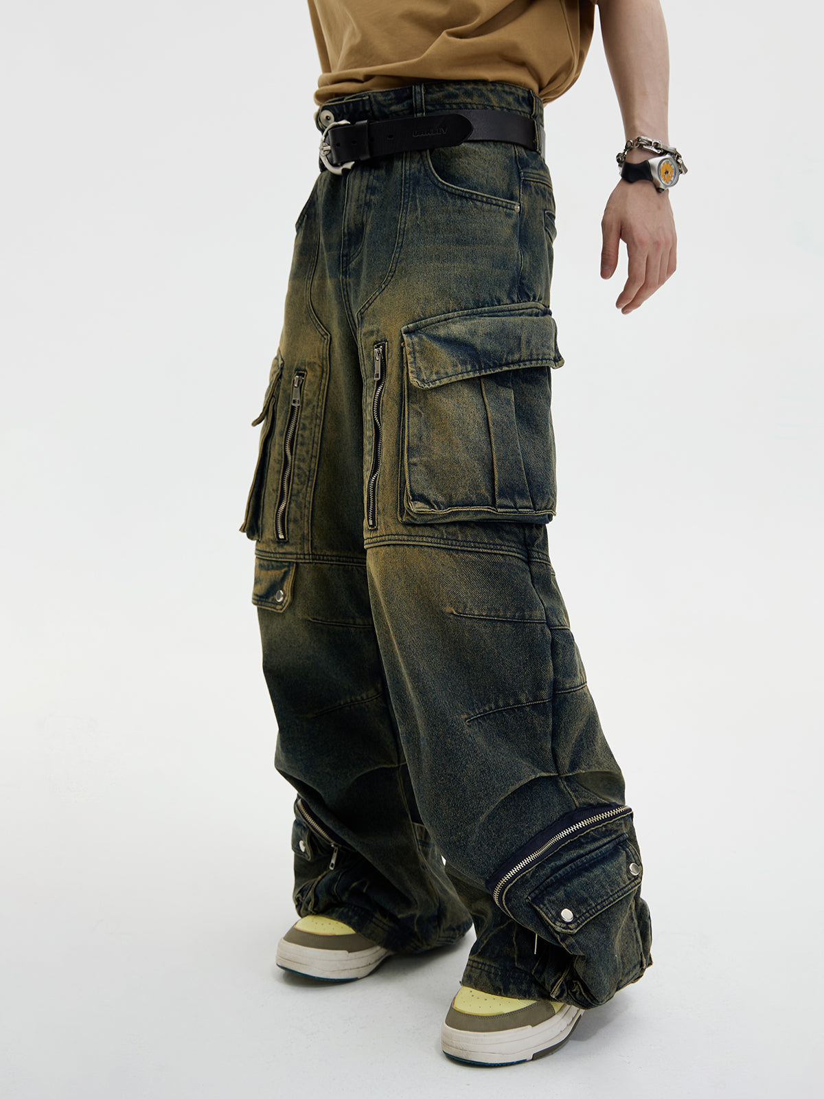 Loose Straight Double Waist Multi Pocket Pants