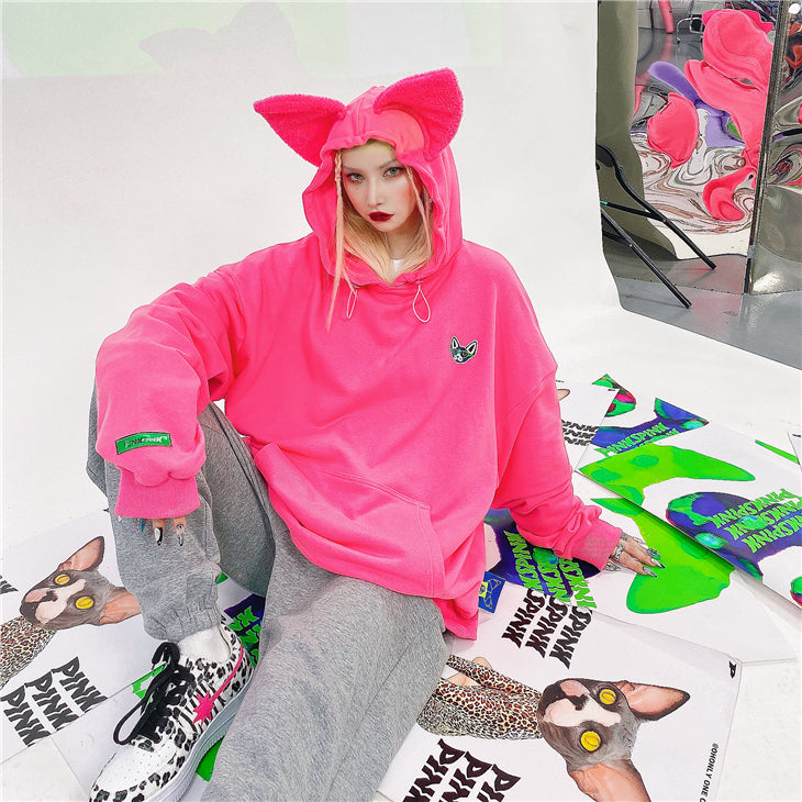 Loose Fit Cat Ear Simple Hoodie