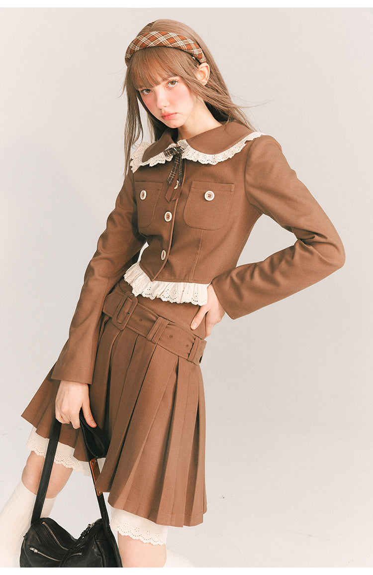 Short Length Frill Neck Jacket & Pleated Skirt Set-Up