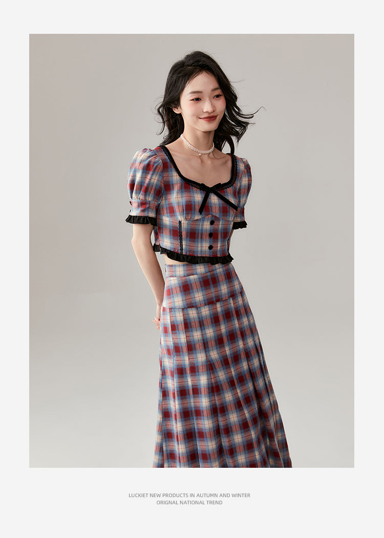 between the Lines Red and blue plaid short sleeve top & skirt