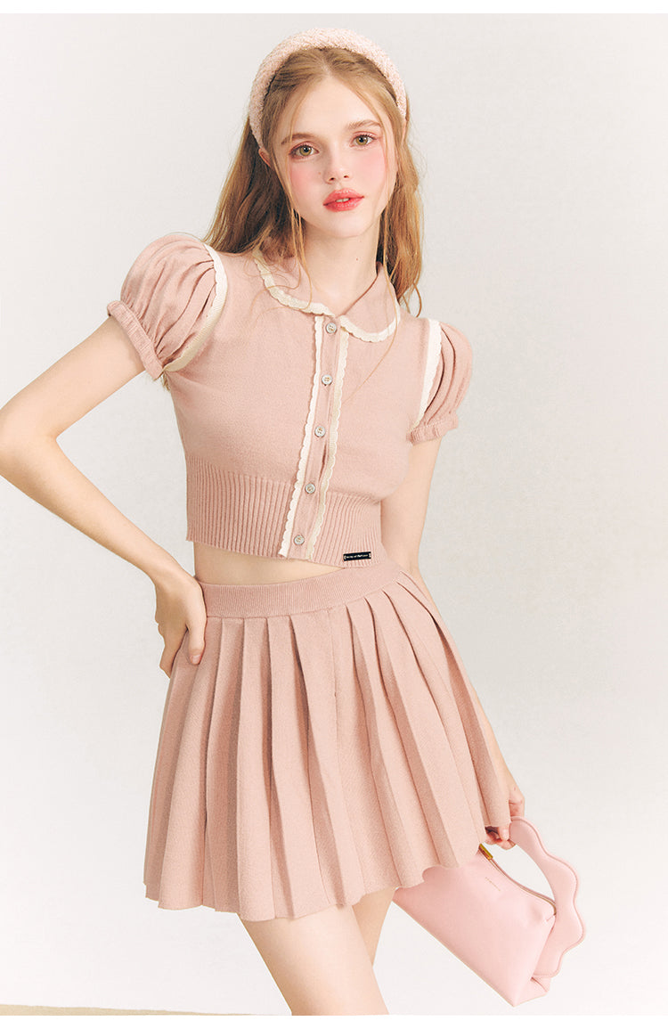 Puff Sleeve Short Length Knit & Pleated Short Length Skirt Setup