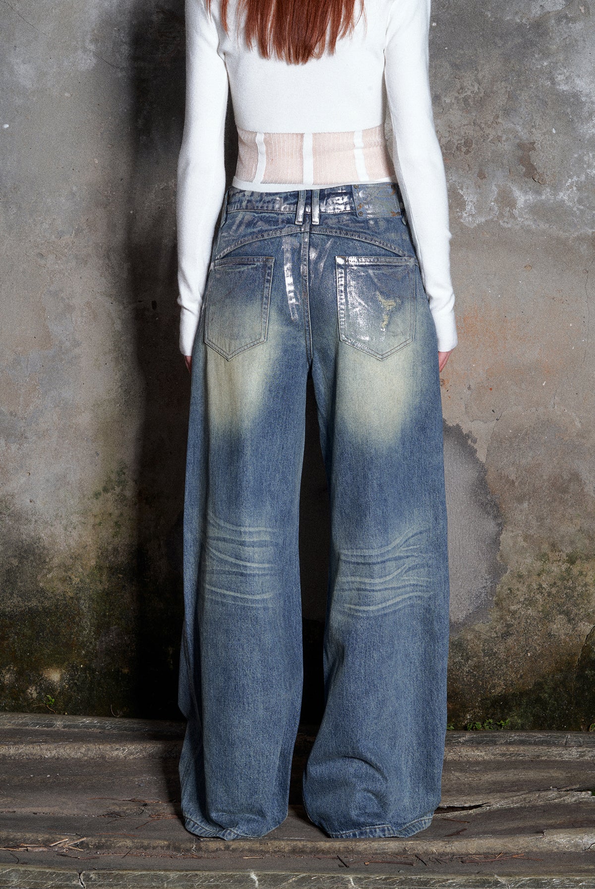 Irregular Waist Wide Straight Washed Denim