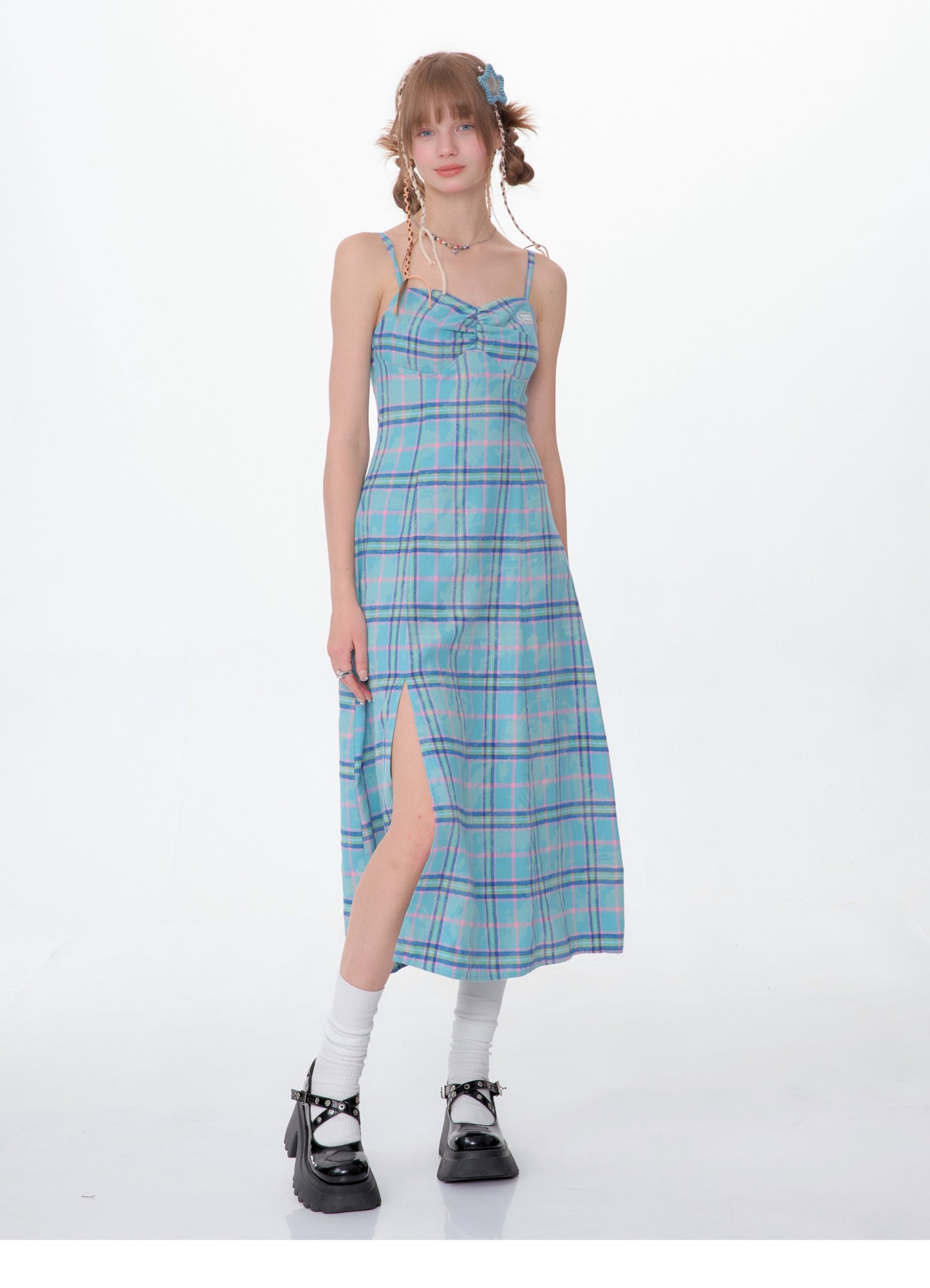 Slit Suspender Plaid Dress