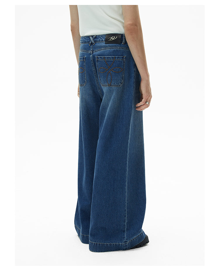 Wide-leg oversized washed retro denim pants