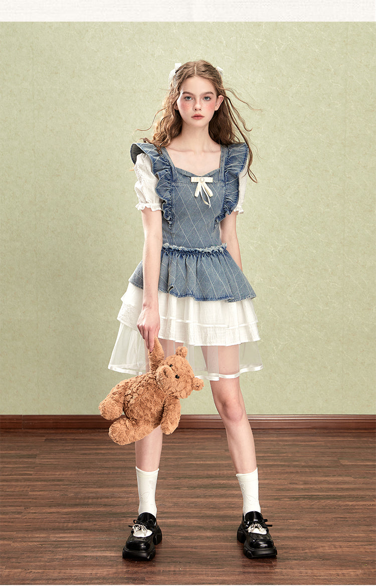 Original Sweet Little Flying Sleep Splice Denim Faux Two Piece Waist Dress