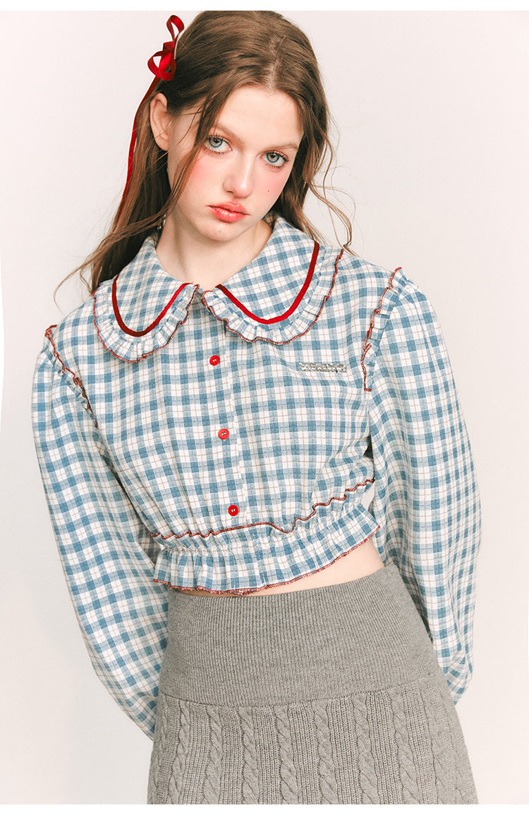 Cropped checkered puffy sleeve blouse