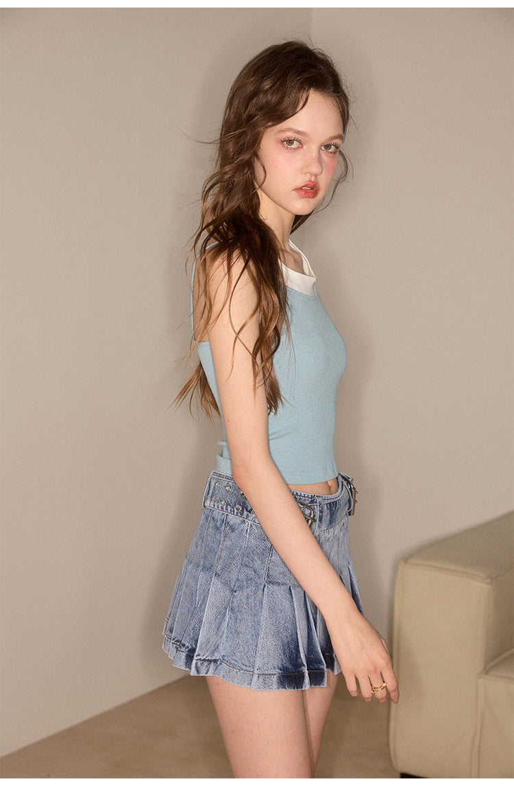 Slim Pleated Line Washed Denim Skirt