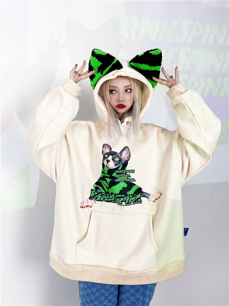 Loose fit cat ear print t-shirt