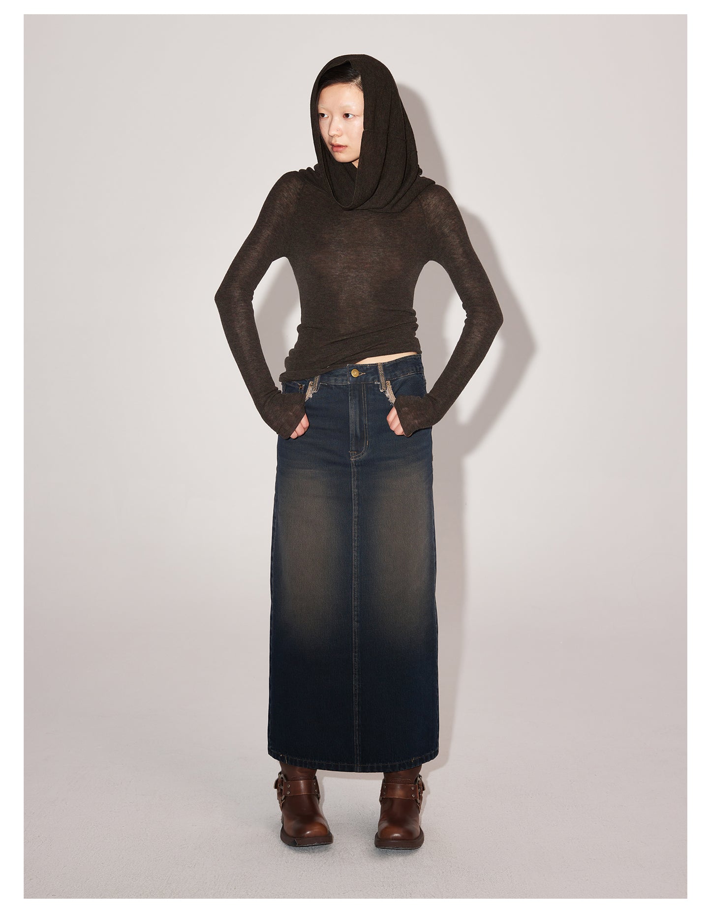 Slim Fit Long Length Washed Denim Skirt