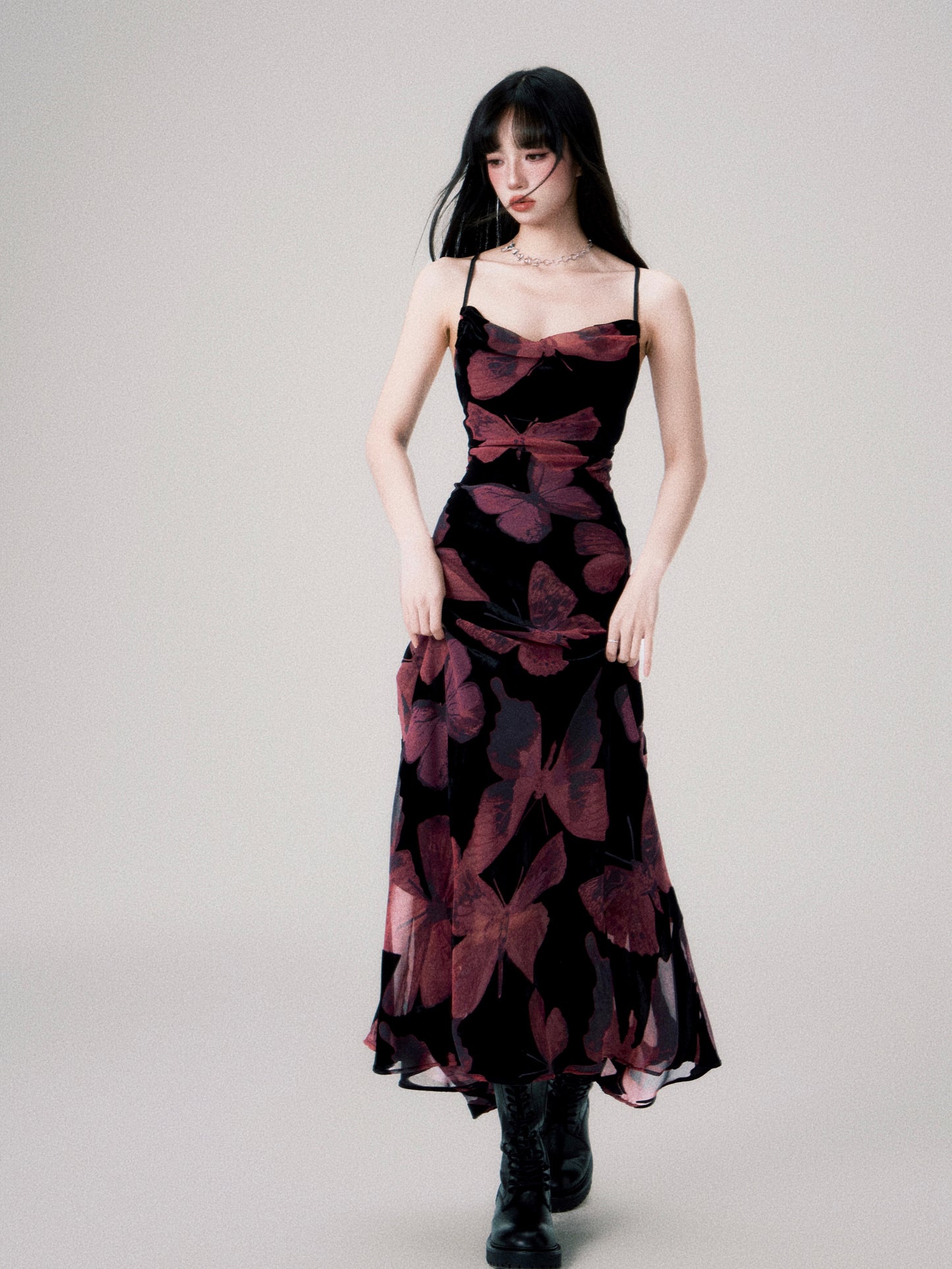 Square Neck Velvet Butterfly Suspender Dress