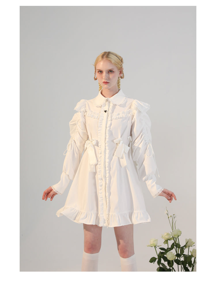 French Girly Frilled Ribbon Shirt Dress