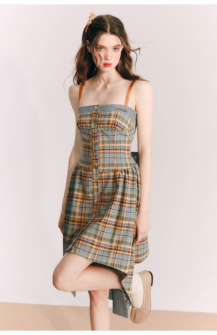 Back Ribbon Plaid Short Suspender One-piece