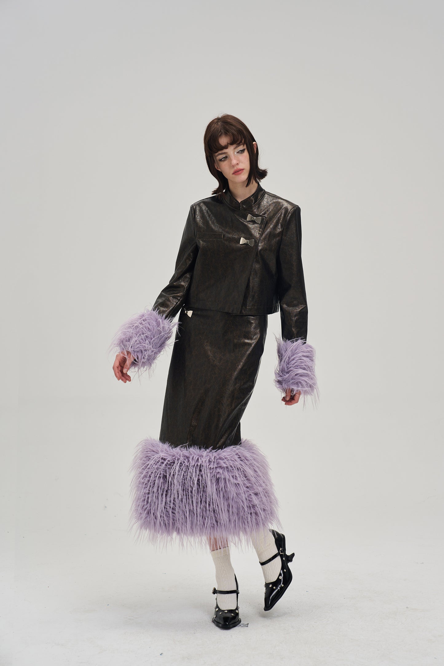 Fur short length leather jacket & fur long length leather skirt