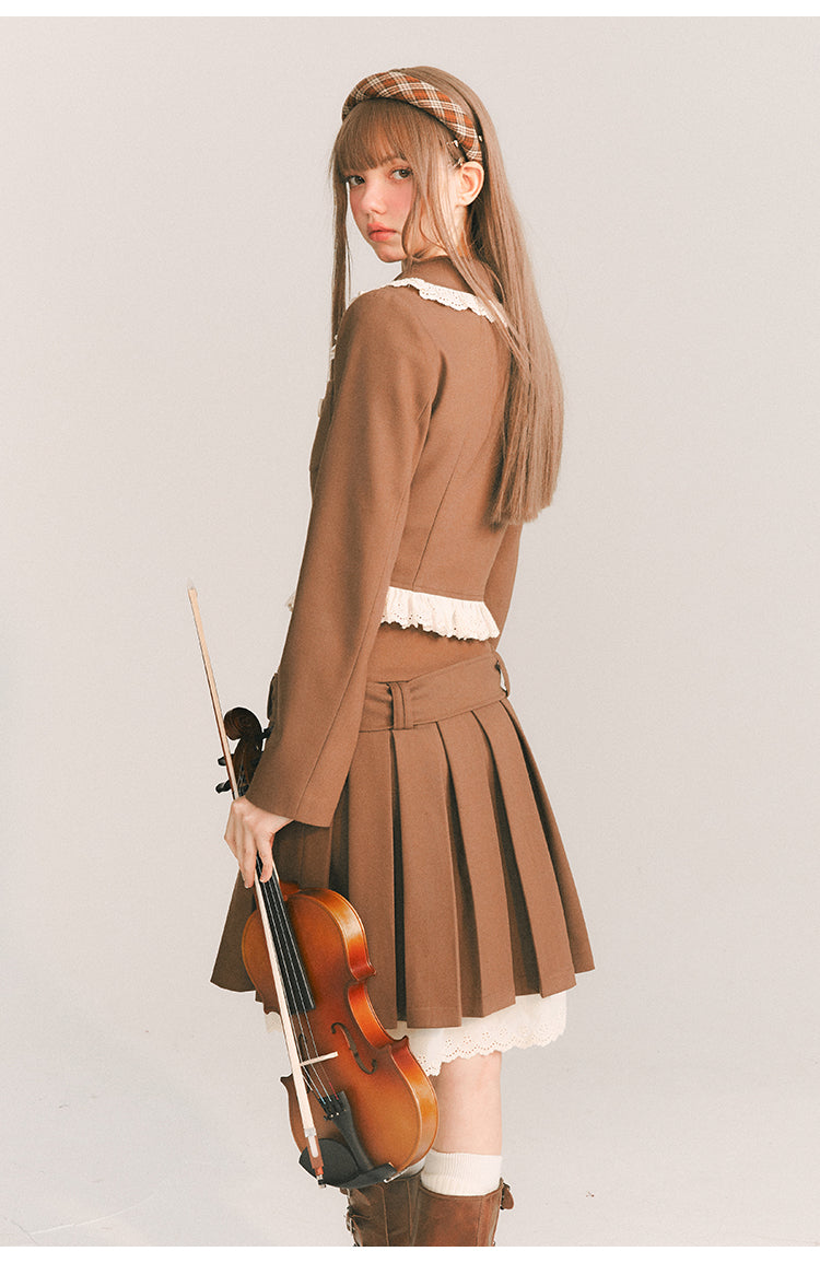 Short Length Frill Neck Jacket & Pleated Skirt Set-Up