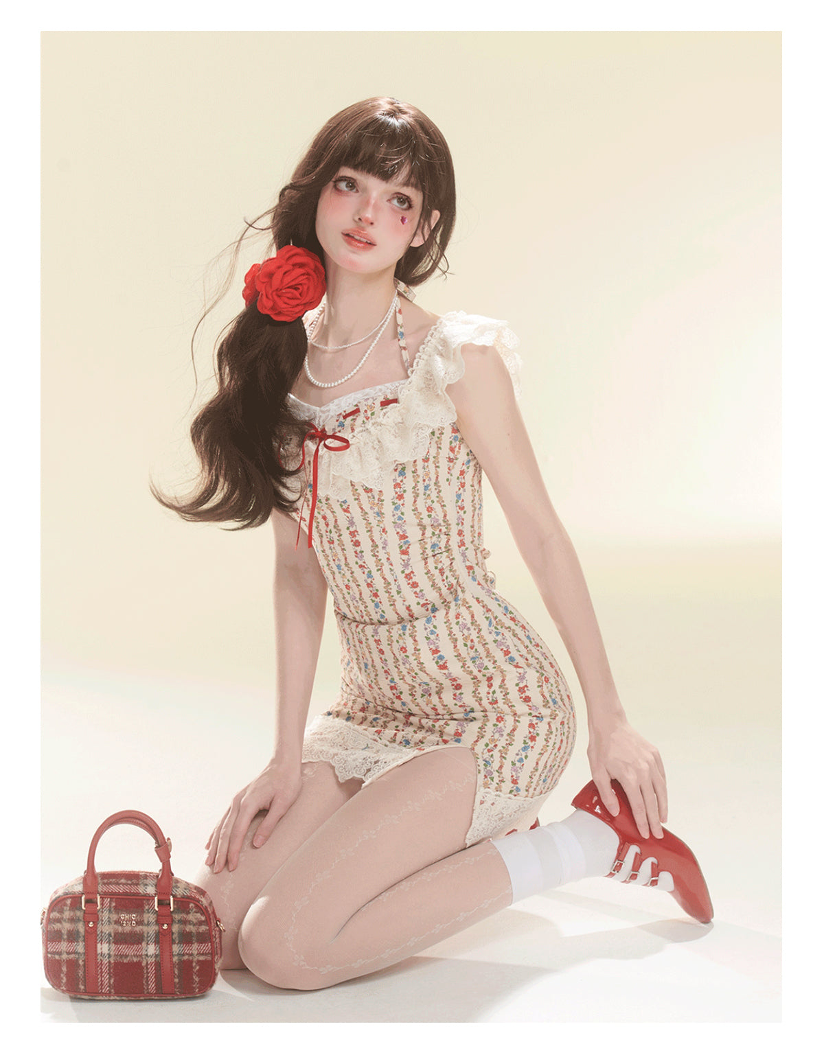 Floral Pattern Stripe Suspender Dress