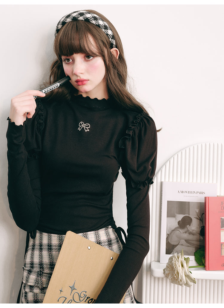 ELASTIC DRAWSTRING BLACK KNIT BOTTOM SHIRT