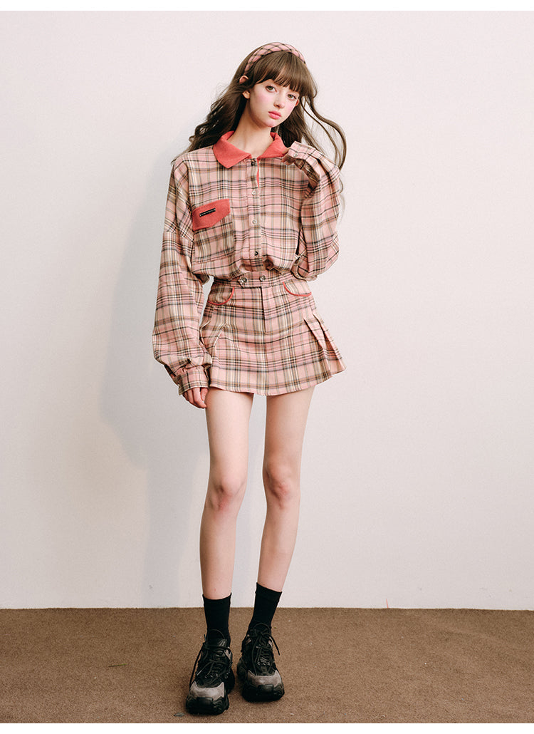 Loose Fit Plaid Shirt Jacket &amp; Pleated Skirt Set-Up