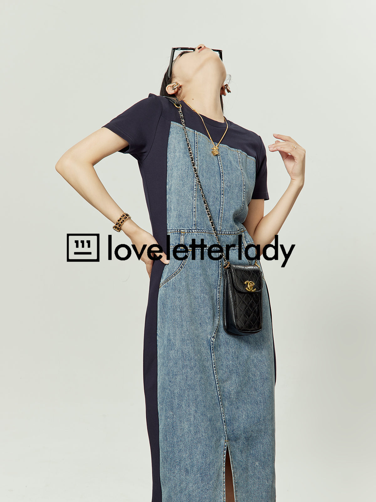 Slit Denim Splicing Dress