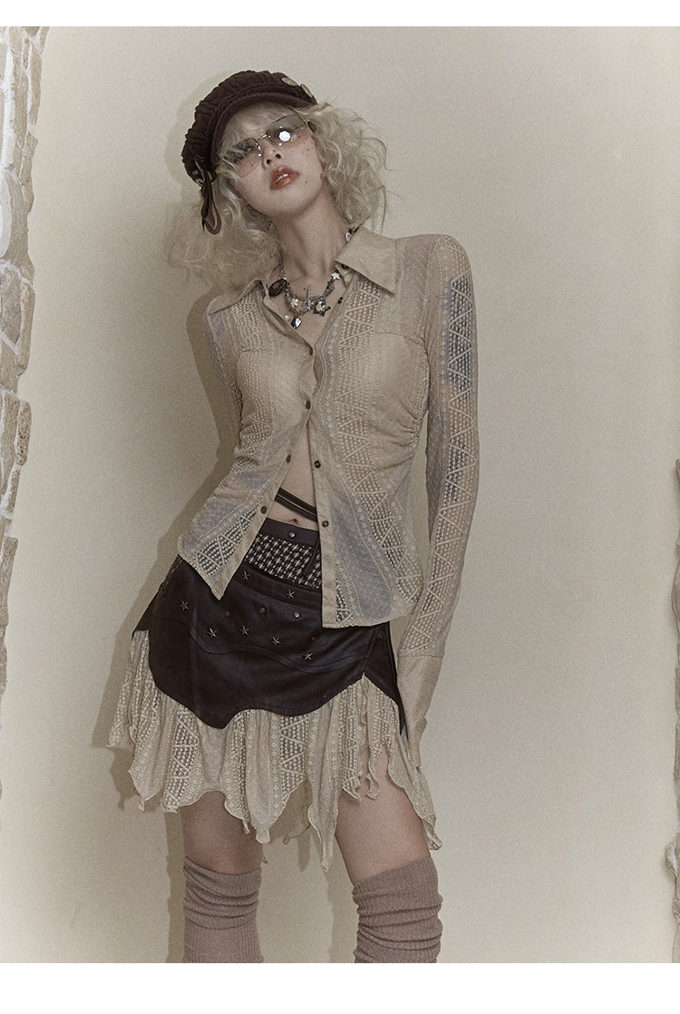 Lace Leather Layered Stitch Short Length Skirt