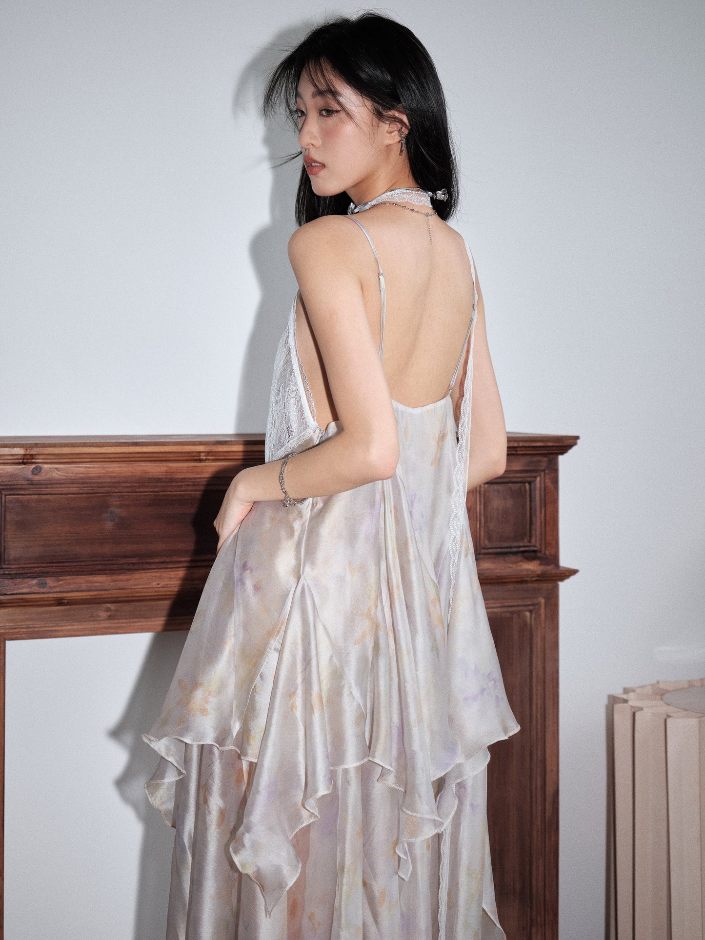 Gauze Print Transparent Feather Dress