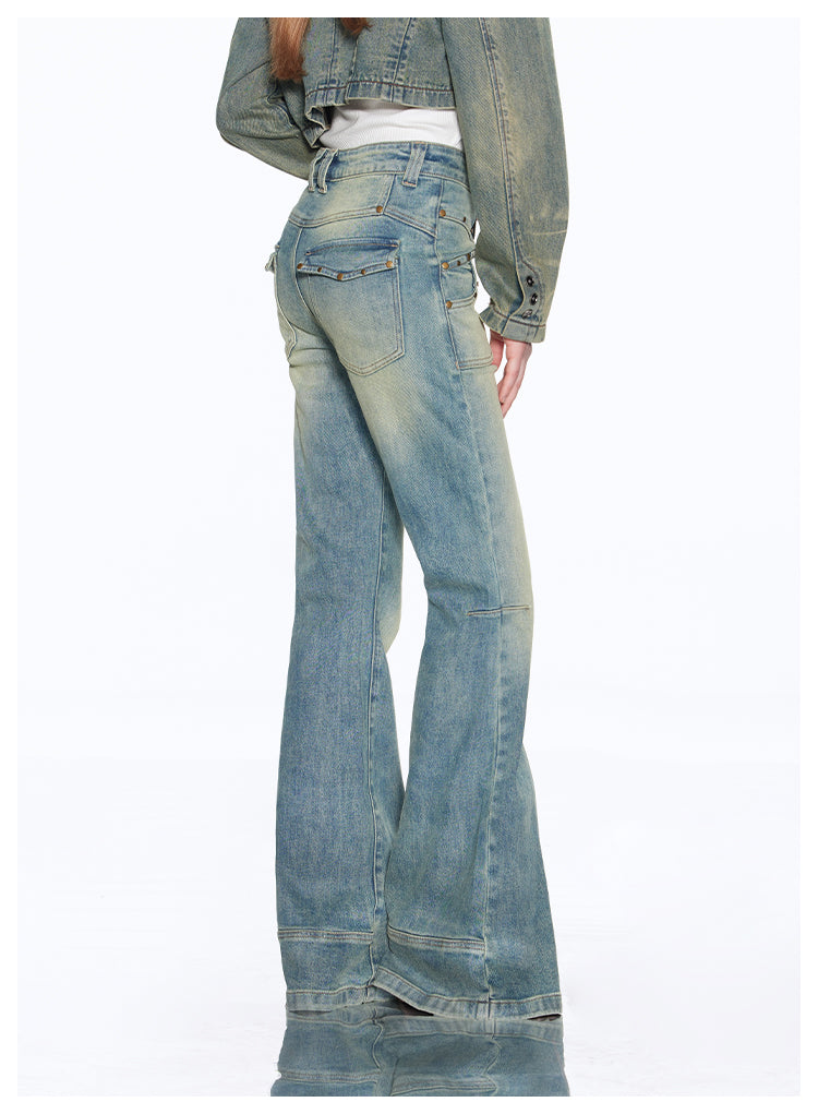 Short washed retro denim jacket &amp;Slim straight washed retro flare denim pants