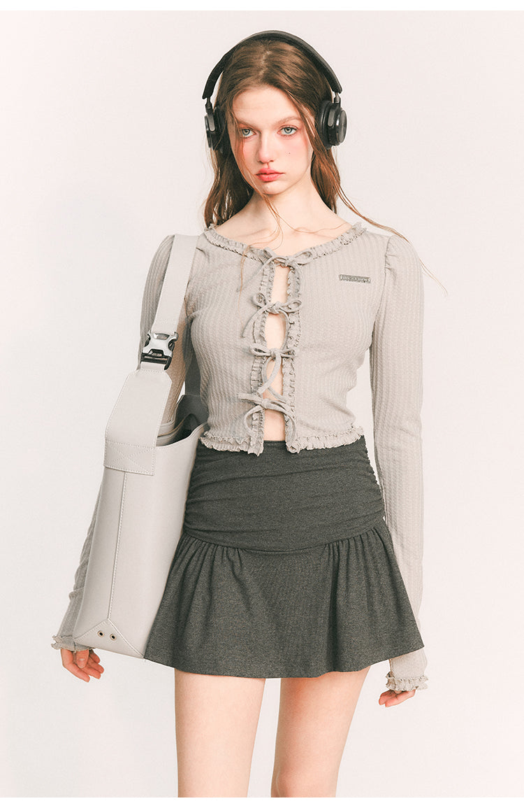 Front  Ribbon Tight Long Sleeve Knit