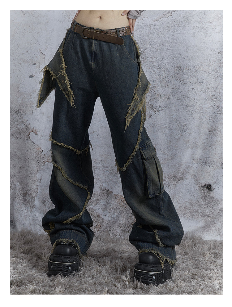 Washed Star Damaged Design Denim Pants