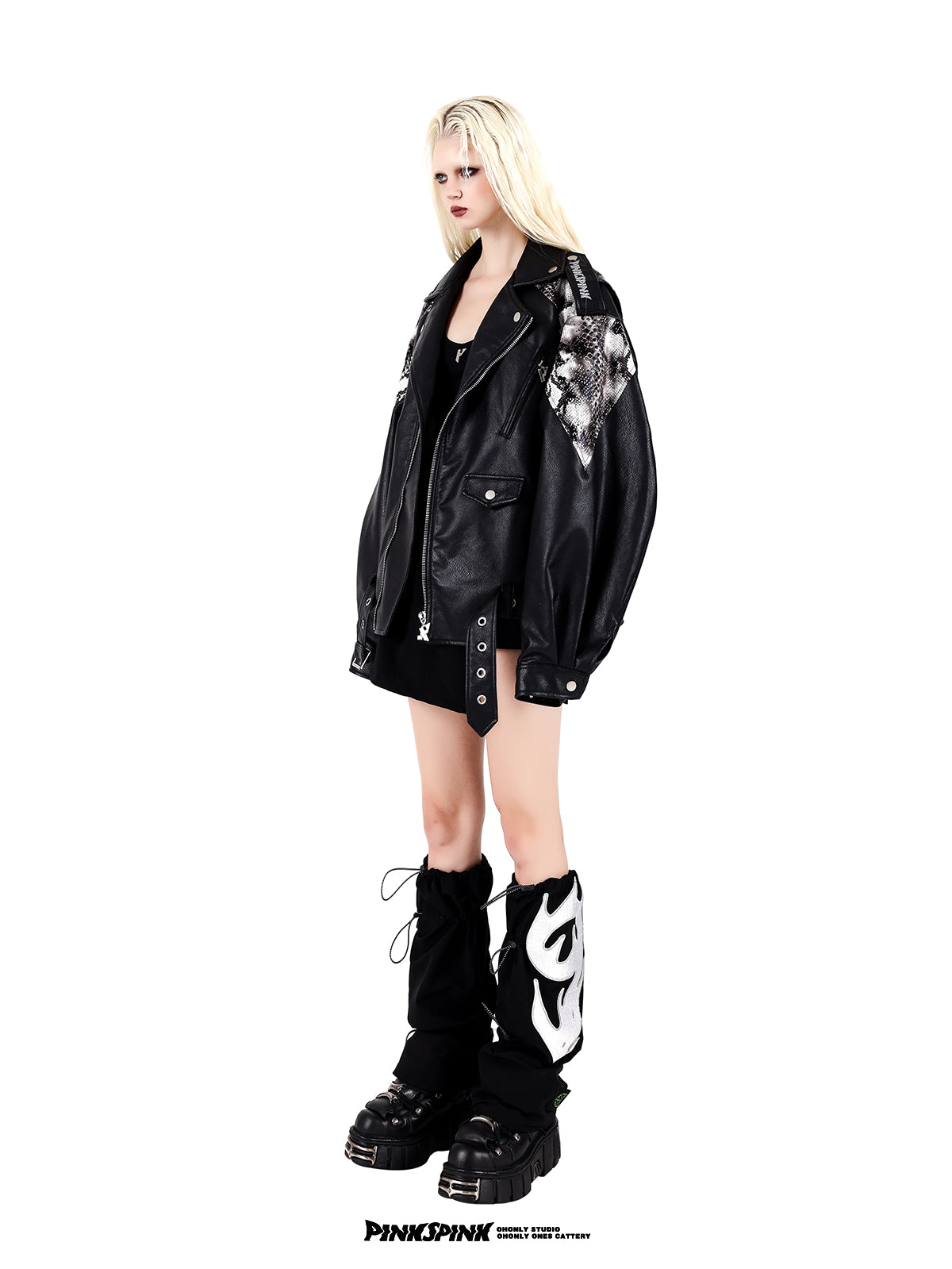 Loose Fit Snake Pattern Drop Shoulder Leather Jacket