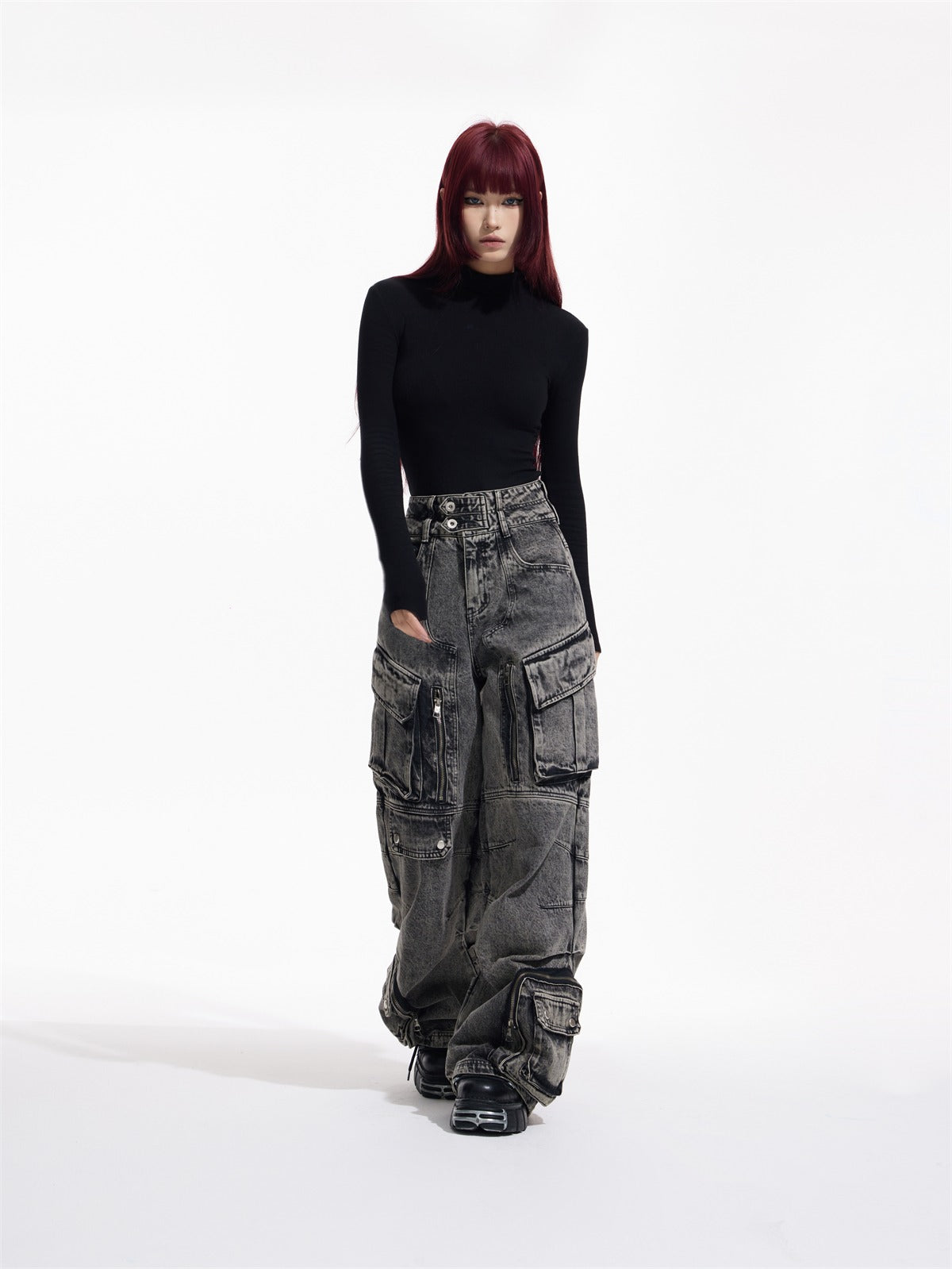 Loose Straight Double Waist Multi Pocket Pants