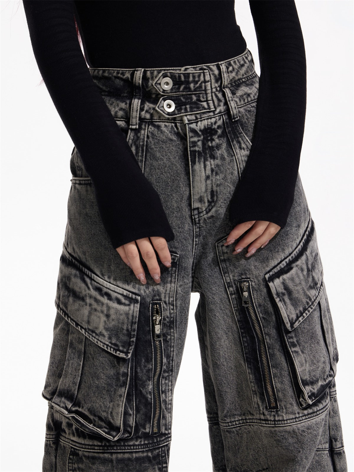 Loose Straight Double Waist Multi Pocket Pants