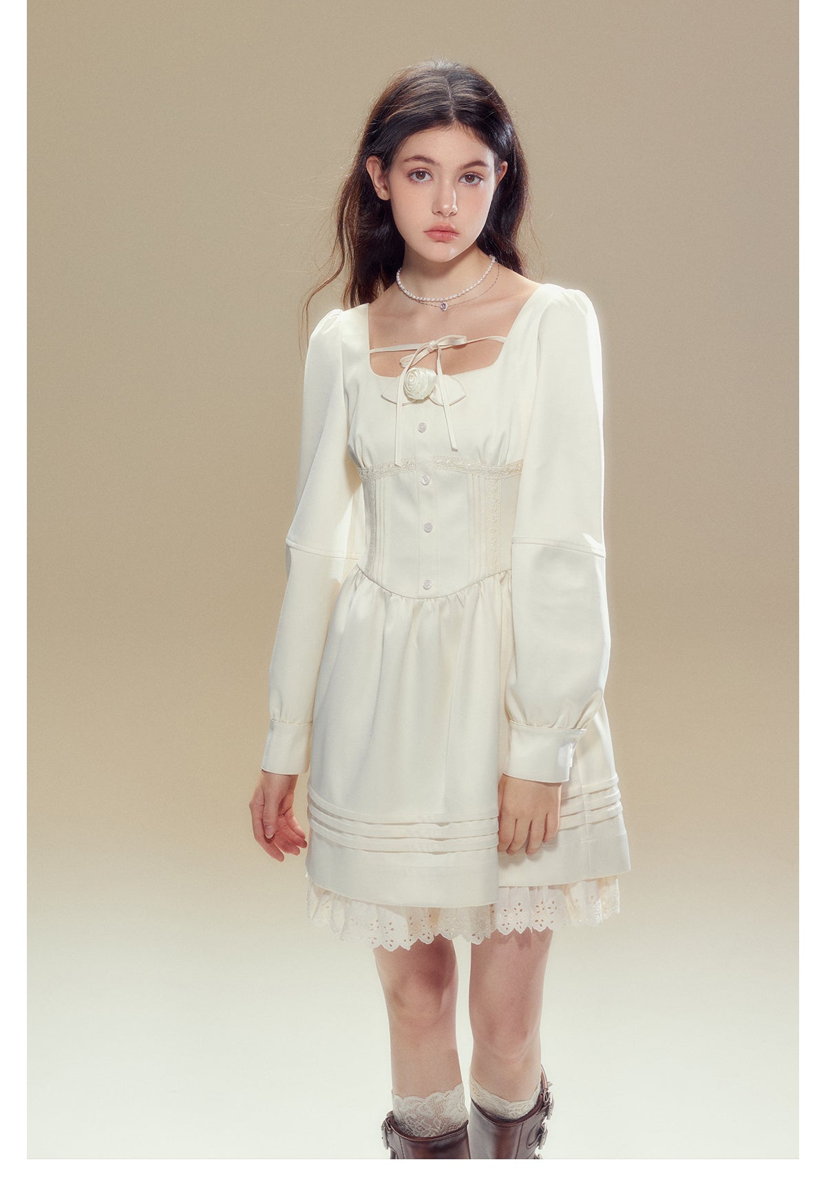 Square Neck Rose Objet Short Length Dress