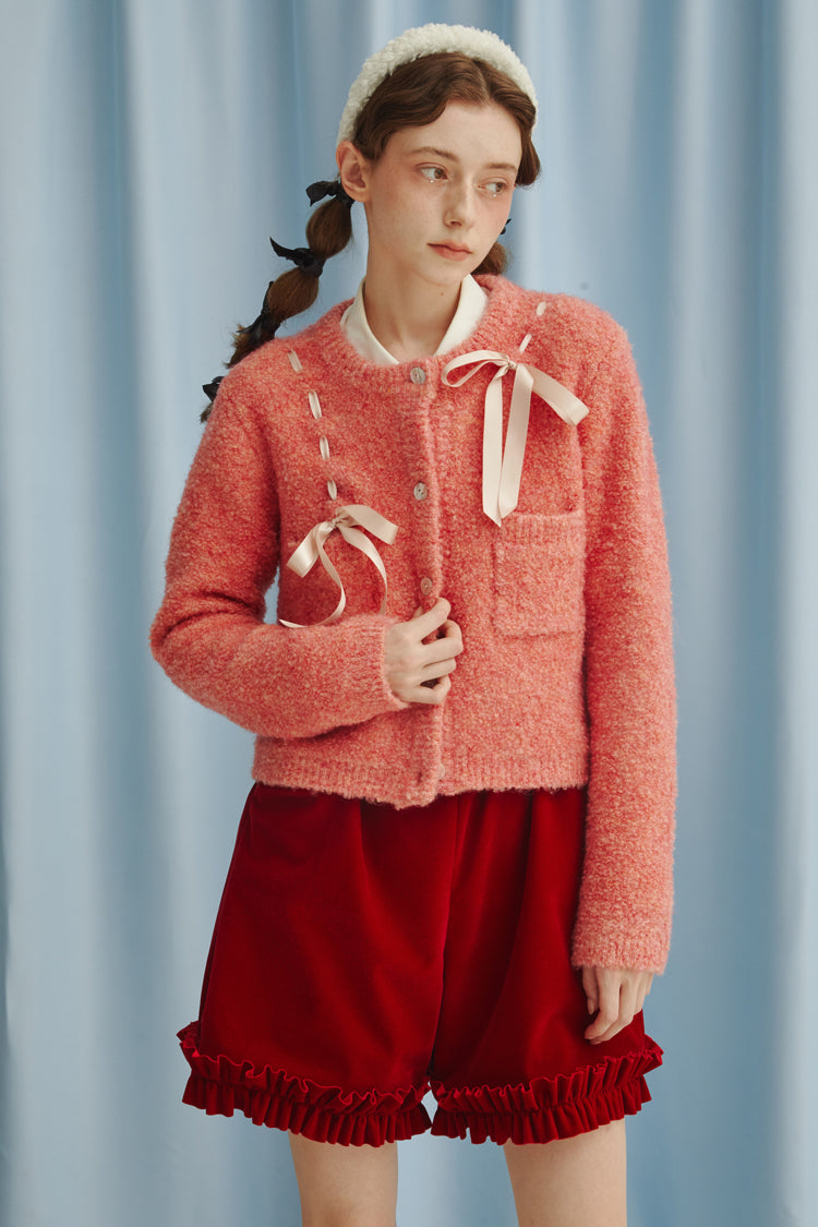 Ribbon design wool knit cardigan jacket